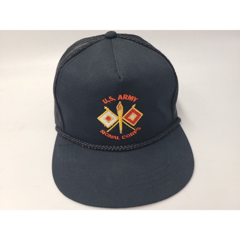 Vintage US Army Signal Corps‎ Yupoong Rope Mesh Trucker Snapback Hat Cap Black